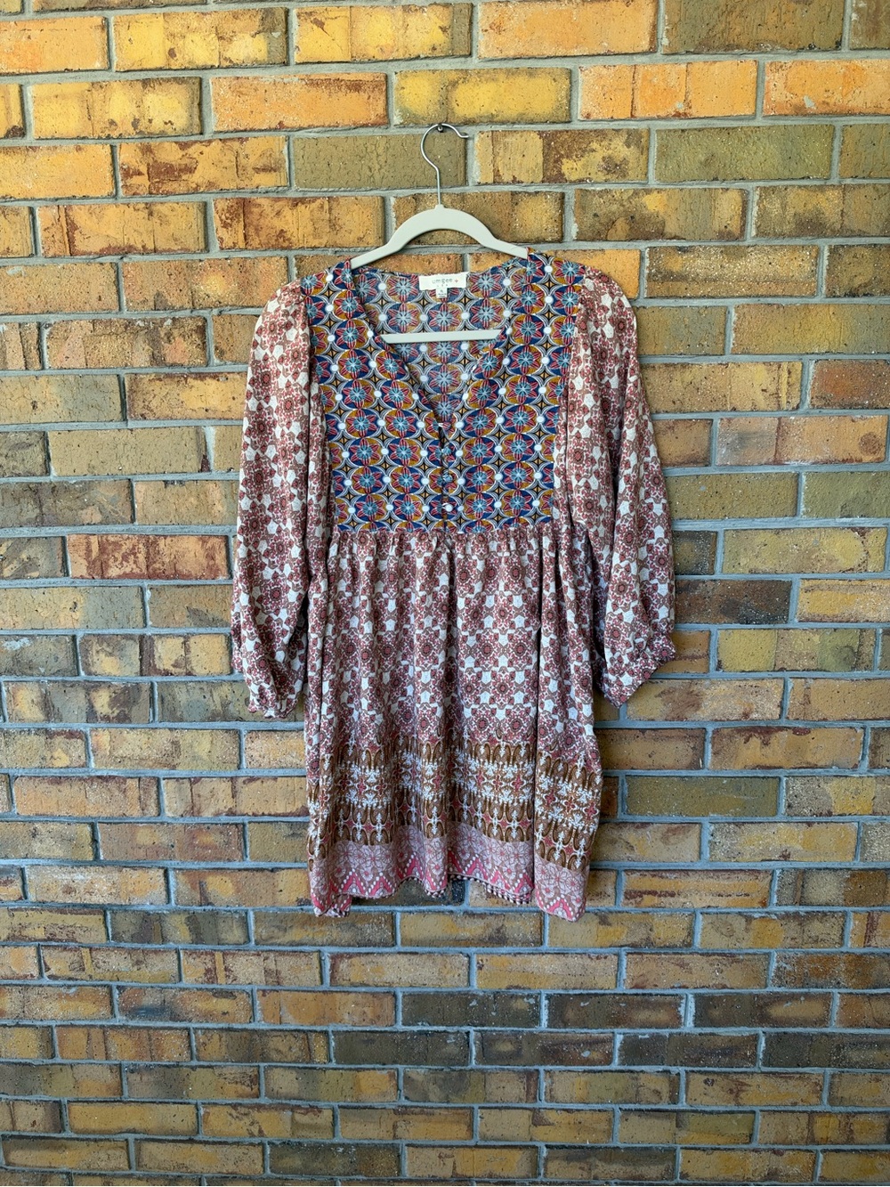 Umgee XL Boho Paisley Floral Print Long Sleeve Babydoll Tunic Dress